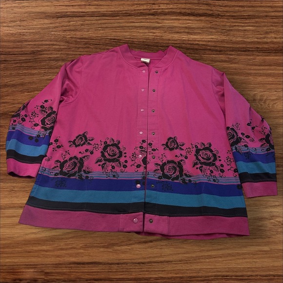 Blair Sweaters - Blair‎ Floral Print Snap Front Cardigan Jacket Rose Design XL